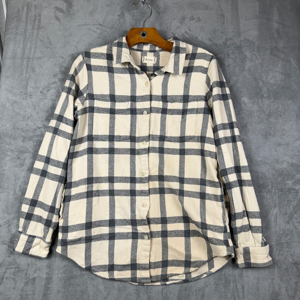 Altard State Womens Plaid Flannel Button Down Shirt Cream Grey Small 5874